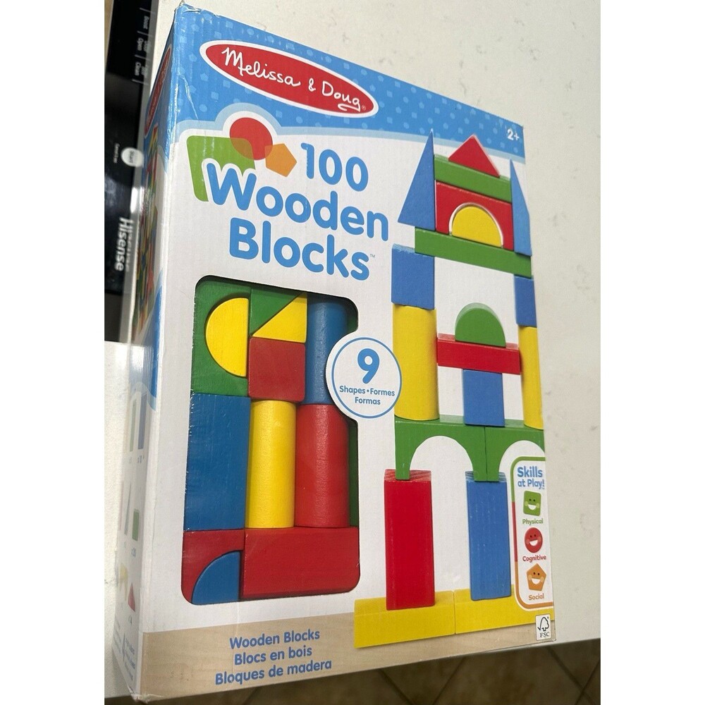 Melissa & Doug 100 Solid Wood Building Blocks Set 9 Shapes Ages 2+ New Sealed